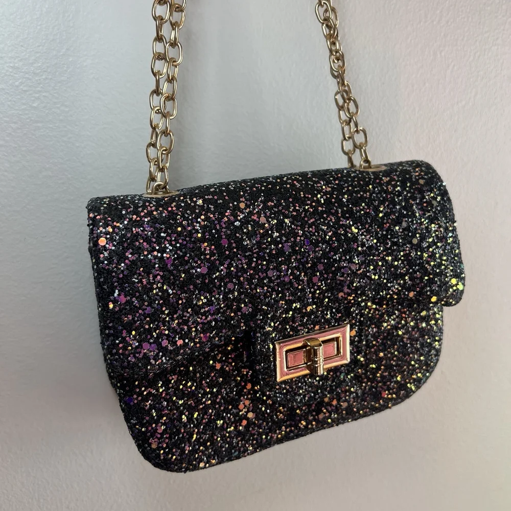 Midnight Glitter Micro Crossbody Purse Metal Chain Glitzy Festival Glam